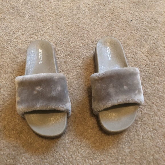 Grey Fluffy Platform Sandals - Picture 2 of 4